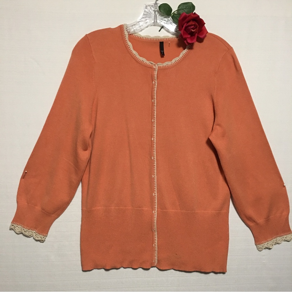 T Tahari Peach Cardigan Fairy Sweater Snaps Up Cream Crocheted Trim Wide Ribbi